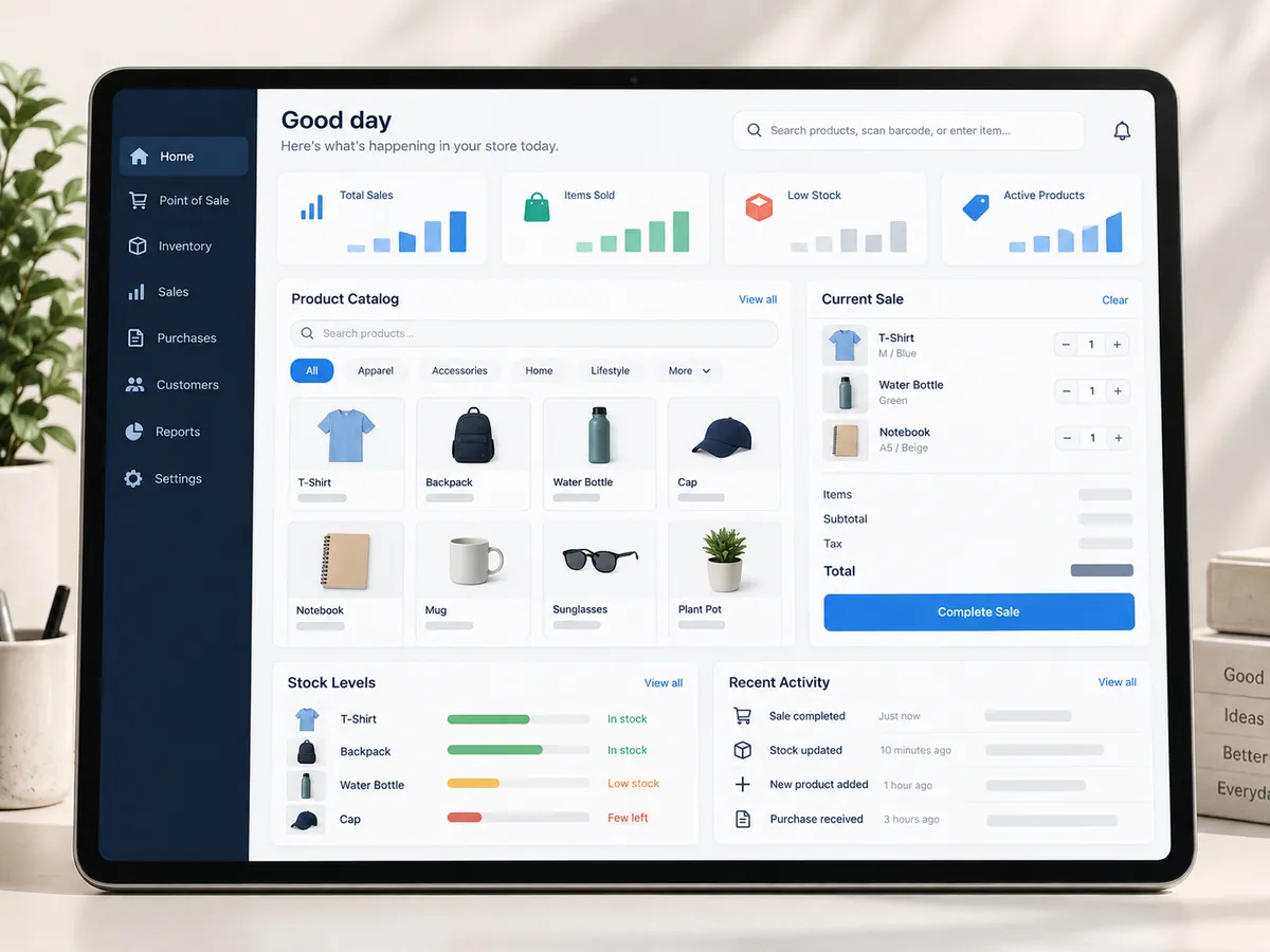 Concept point-of-sale and inventory interface on a tablet showing products, sales, stock levels, and checkout activity.